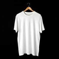 Minimalist White T-Shirt on Wooden Hanger Isolated on Black Background – Clean Fashion Mockup for Branding and Product Display