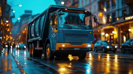 Fototapeta premium Urban refuse truck at night