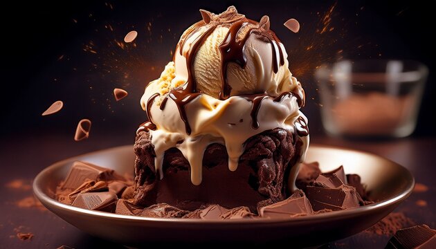 Eisbecher &bdquo;Brownie Deluxe&ldquo; mit Schokoladeneis, warmem Brownie, Sahne und Schokoraspeln.