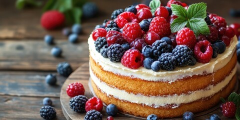 Delightful berry cake topped with fresh raspberries and blueberries on a rustic wooden table