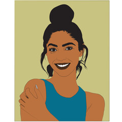 A stylized digital illustration of a smiling woman with dark hair in a bun, wearing a teal top, posed against a muted olive background with her hand on her shoulder.