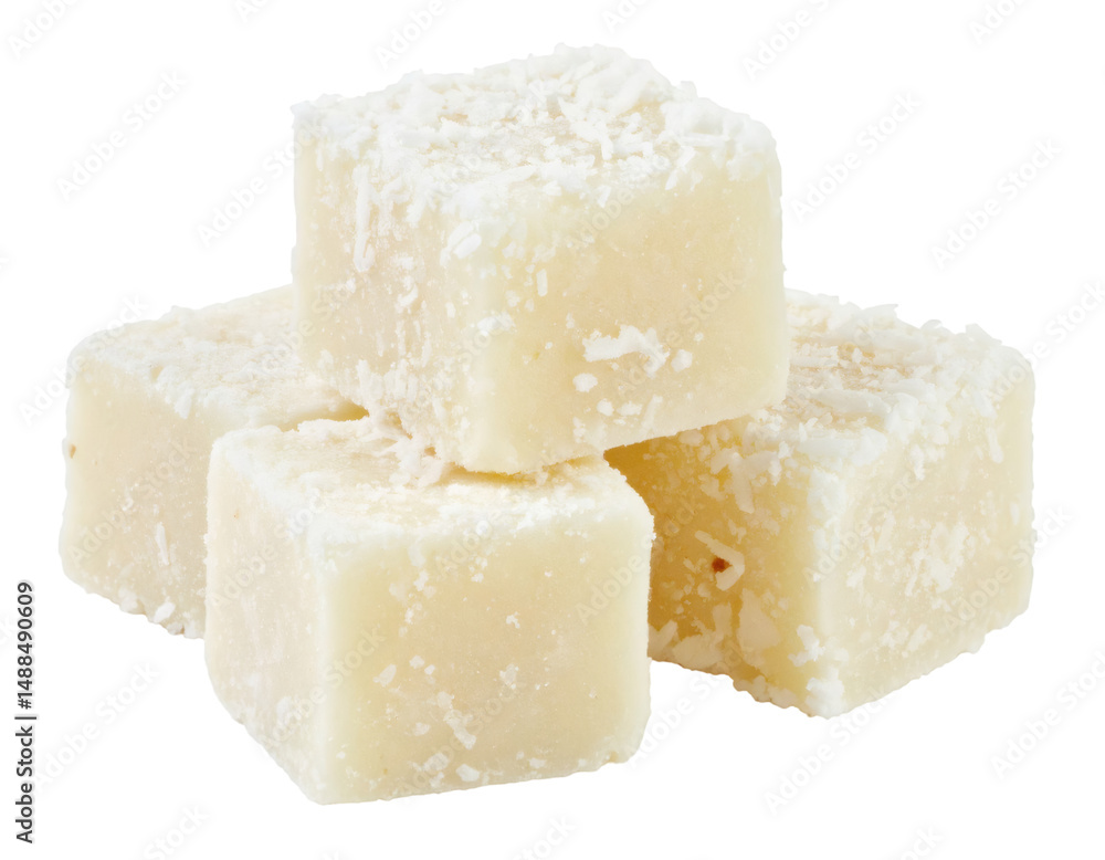 Poster close up of coconut burfi cubes forming a stack isolated on transparent background