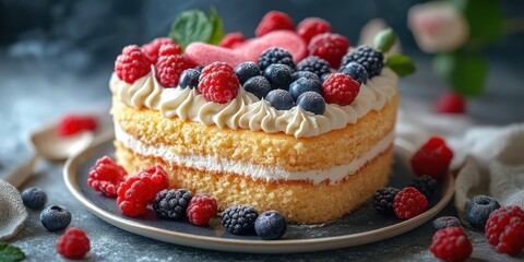 Delicious berry cake decorated with whipped cream and fresh fruit on a gray background