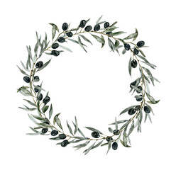 Watercolor Olive Leaf Wreath Illustration, Elegant Botanical Frame Arrangement for Invitations and Natural Designs