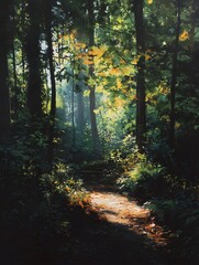 Obraz premium Serene Forest Pathway with Majestic Light and Lush Greenery