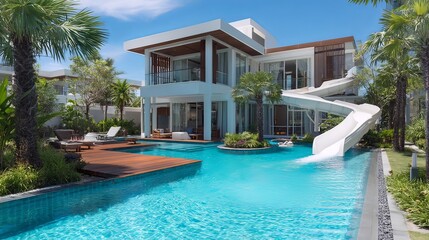 Fototapeta premium Luxury pool villa with a swimming pool and water slide in a sunny resort setting.