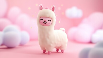 Kawaii 3D Llama happy on cloud background
