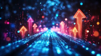 Glowing Arrow Path Futuristic Digital Network Growth, Technology Concept, Rising Trend
