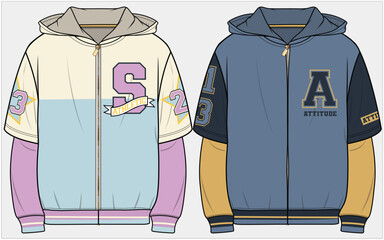 COLOUR BLOCK HOODED SWEATSHIRT WITH DOCTOR SLEEVES AND VARSITY BADGE DETAILDESIGNED FOR WOMEN, YOUNG WOMEN, UNISEX, MEN, YOUNG MEN, TEEN BOYS AND TEEN GIRLS IN  VECTOR ILLUSTRATION FILE