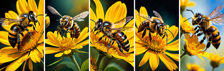 Honey Bee Hovering Over a Yellow Flower.The image shows a detailed close-up of a honey bee (Apis mellifera) in flight near the center of a vibrant yellow flower. The bee's wings are extended, showing 