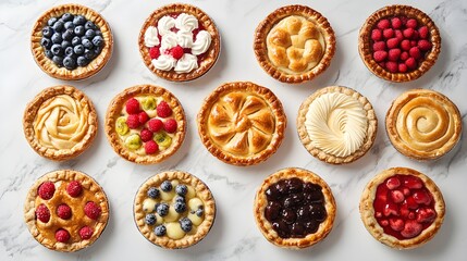 Fototapeta premium Overhead view of assorted delicious mini fruit pies freshly baked on a marble surface