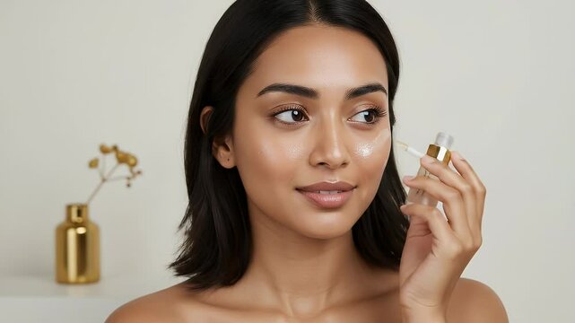 A young woman applying face serum on her face.
