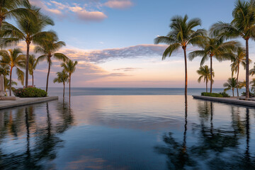 Infinity pool overlooking the ocean with palm trees in the background, no people.