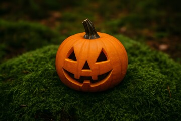 Obraz premium Halloween Pumpkin on Green Moss in Forest - AI generated