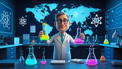 Cheerful cartoon scientist conducting experiments in a modern laboratory with glowing solutions