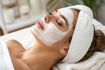 A woman receives a facial treatment while relaxing at a spa, eyes closed and peaceful.