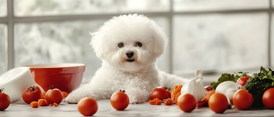 Bichon Frise freshly groomed with soft lighting and clean white space