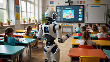 Humanoid Robot Teaching Students in a Modern Classroom with Interactive Digital Screen