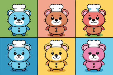 Six Adorable Cartoon Bears Wearing Chef Hats