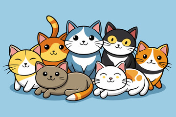 Adorable Group of Cartoon Cats Sitting Together