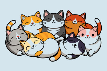 Adorable Group of Cartoon Cats Huddled Together