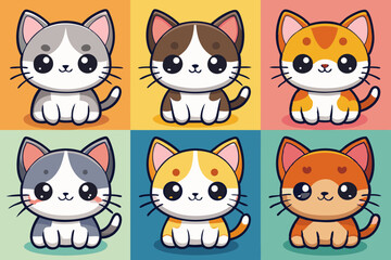 Six Adorable Cartoon Kittens in Various Colors Sitting