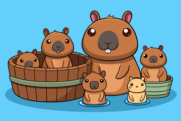 Adorable Capybara Family in Wooden Tubs Cartoon Illustration