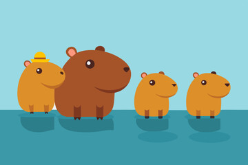 Cute Capybara Family Cartoon Illustration Water Background