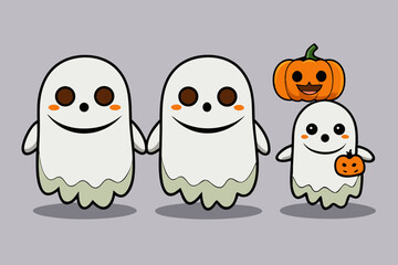 Cute Cartoon Ghost Family with Pumpkins for Halloween