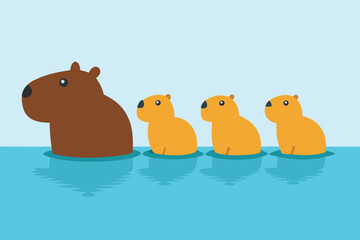 Capybara Family Swimming in Calm Blue Water