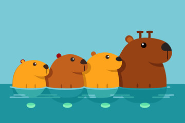 Cute Capybara Family Enjoying a Relaxing Swim in Calm Water