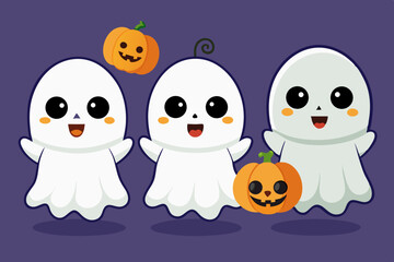 Three Cute Cartoon Ghosts with Pumpkins for Halloween