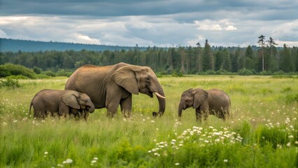 Fototapeta premium African Bush Elephants - Loxodonta africana family walking on the road in wildlife reserve. Greeting from Africa. 