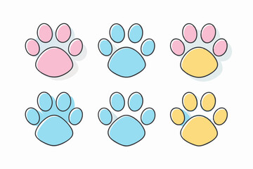 Six Cute Pastel Colored Paw Prints Animal Tracks Vector Illustration