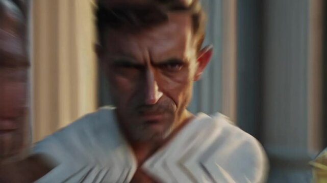 Homme en toge blanche au regard s&eacute;v&egrave;re devant des colonnes antiques, sc&egrave;ne dramatique d&rsquo;inspiration romaine

