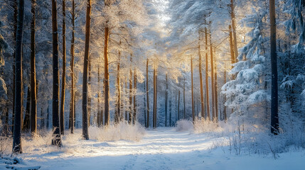 Serene Winter Forest Scene with Frosty Trees and Bright Sunlight