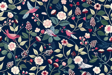 Seamless Pattern with Pink Birds and Delicate Floral Design on Dark Blue Background