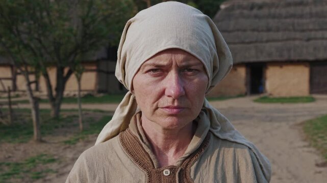 Femme en habit traditionnel devant une maison en torchis, portrait rural d&rsquo;&eacute;poque plein de gravit&eacute;

