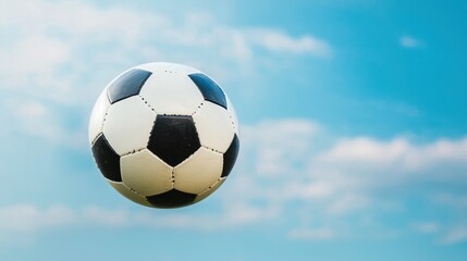 Fototapeta premium Dynamic Action Shot of Soccer Ball in Mid Air Against a Clear Blue Sky
