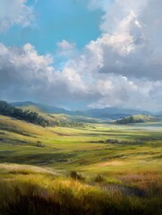Serene Landscape of Rolling Hills Under Bright Blue Sky