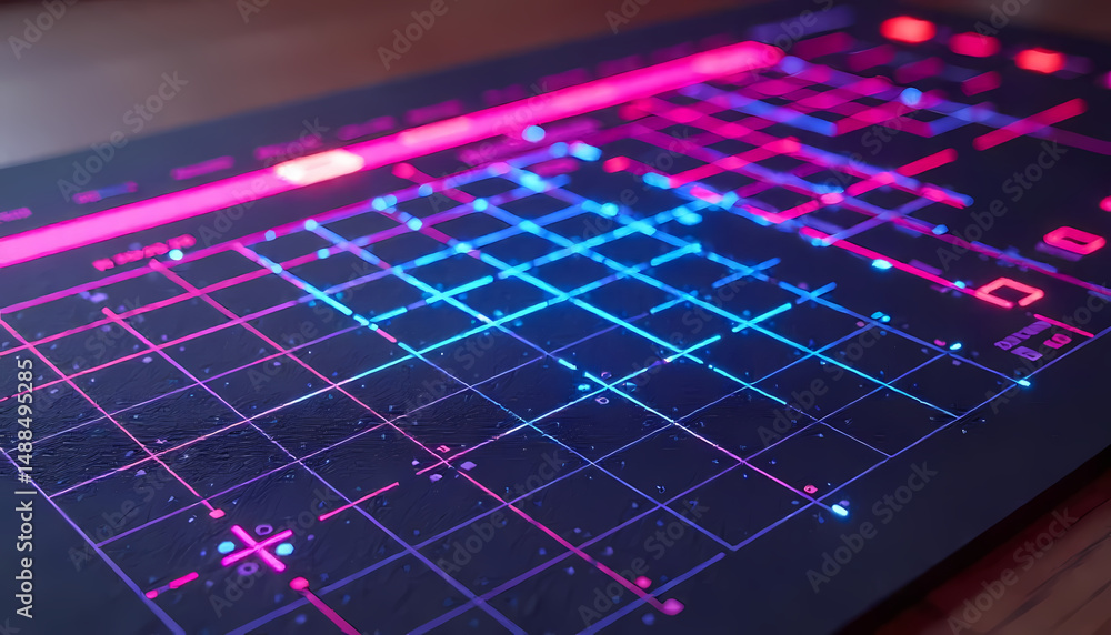 Poster a stunning abstract composition of luminous neon grids with shapes and lines, creating a modern conc