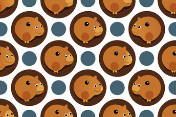 Cute Capybara Seamless Pattern Brown Circles White Background