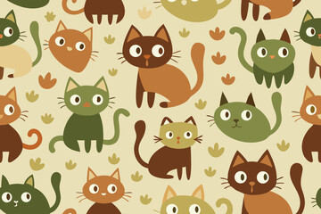 Fototapeta premium Adorable Cartoon Cats Seamless Pattern in Earthy Tones