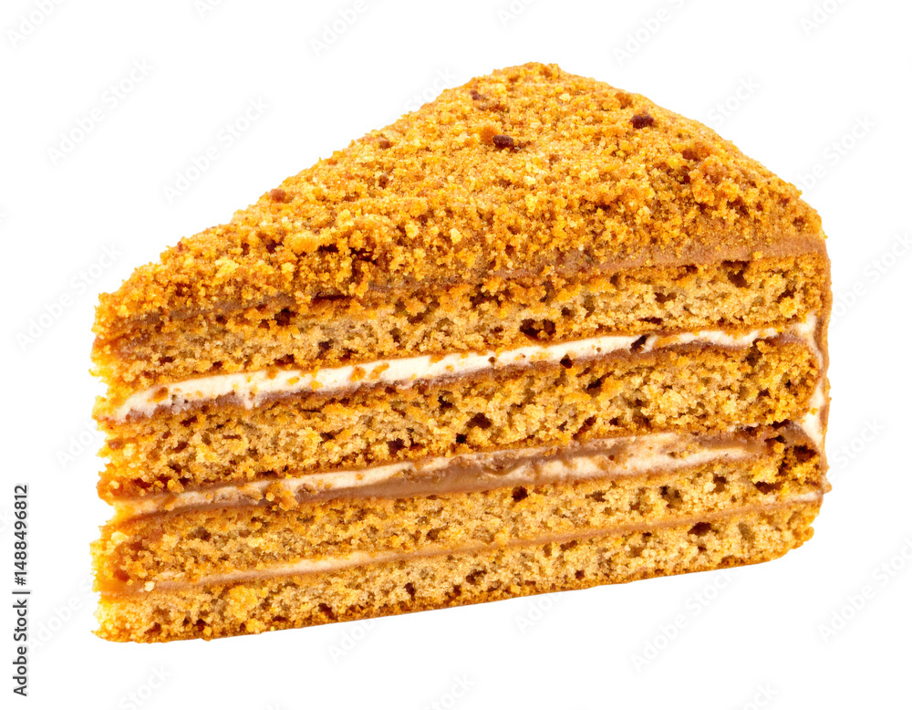 Poster honey cake slice showing its layers on transparent background