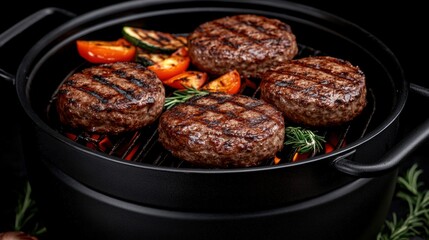 Grilling juicy beef patties with vegetables at a backyard barbecue gathering in summer