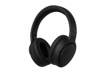 Black wireless headphones floating on a transparent background, perfect for music lovers and podcast enthusiasts