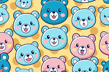 Cute Cartoon Bear Faces Seamless Pattern Pastel Colors