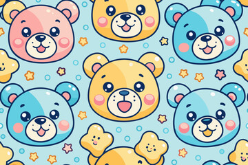 Cute Cartoon Teddy Bear Seamless Pattern Pastel Colors