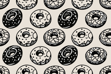 Delicious Black and White Donut Seamless Pattern Background