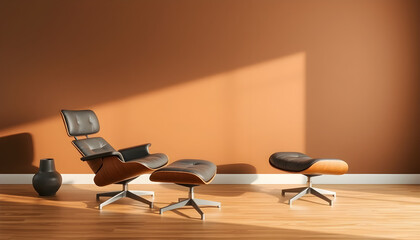 Modern leather chair arrangement minimalist living room interior design warm environment angled view contemporary style